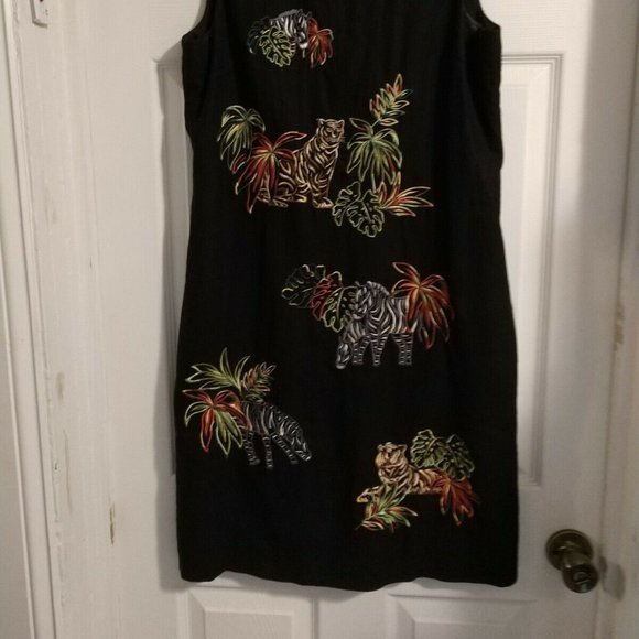 🦓🐯🐆Linen Shift Dress Embroidered w/Safari Animals Sleeveless Black Size 10 - Picture 3 of 15